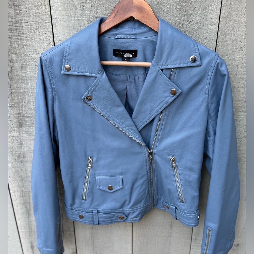 Slate and Willow Blue Leather Moto Jacket Size M